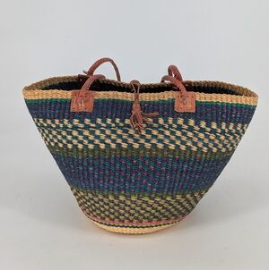 30031 Round Straw Striped Bag Blue Green Leather Straps bohemian cottagecore